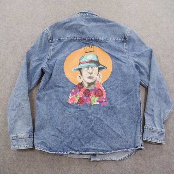 Zara Jacket Mens Medium Blue Denim Button Up Graphic Print MCM Pockets - Picture 12 of 12